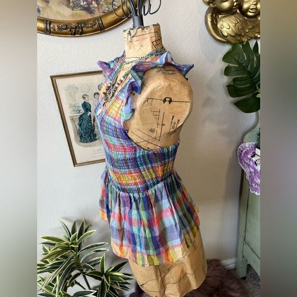 Mi Ami Colorful Plaid Preppy Peplum Smocked Ruffle Flutter Sleeve Blouse Sz XS - Picture 5 of 11